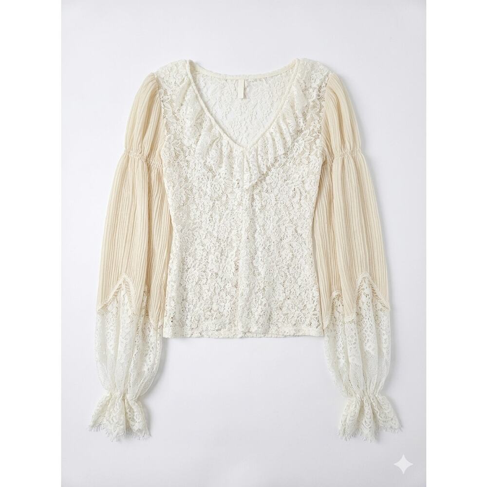 By Anthropologie S Cream Lace Top Sheer Romantic Whimsygoth Ruffle Cottage - Picture 2 of 5